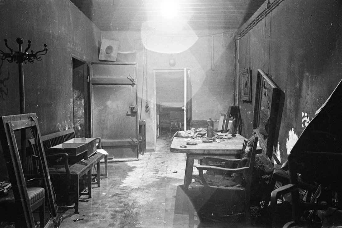 Fuhrer Adolf Hitler's command center conference room partially burned out by SS troops and stripped of evidence by invading Russians, in bunker under the Reichschancellery after Hitler's suicide. (Photo by William Vandivert/The LIFE Picture Collection/Getty Images)